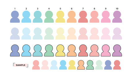 10までの番号と10色で色分けした3種類の人型アイコン･ピクトグラムのセット - パステルカラー
