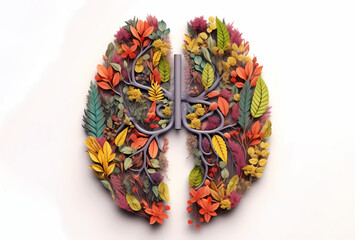 Lungs made of colorful flowers and leaves on white background. Generative ai.
