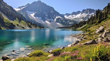 Naklejka na ściany i meble Beautiful lake with flowers and mountains behind 