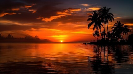 Fototapeta na wymiar A beautiful orange sunset over the ocean with palm trees