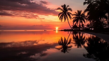 A beautiful orange sunset over the ocean with palm trees