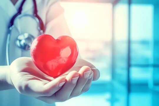 Red heart love shape hand exercise ball with doctor physician's stethoscope on hospital background. World Health Day. Generative Ai.