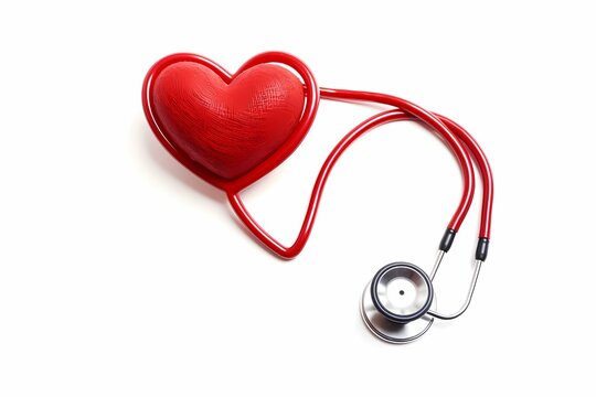 Red Stethoscope in Shape of Heart Isolated On White Background. Generative ai.