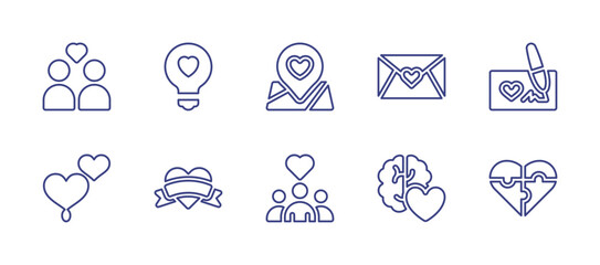 Heart line icon set. Editable stroke. Vector illustration. Containing couple, lightbulb, maps, invitation, donation, heart, community, mental health, puzzle.