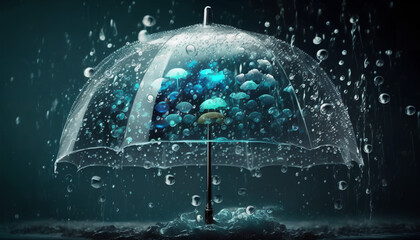 Transparent umbrella under rain against water drops splash background. Rainy weather concept
