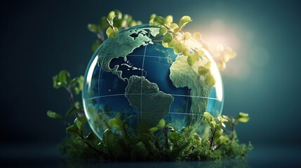 Planet earth with growing plants around, sustainability and green type background