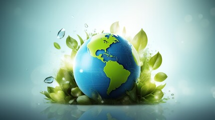Naklejka premium Planet earth with leaves and drops of water, sustainability and green type background