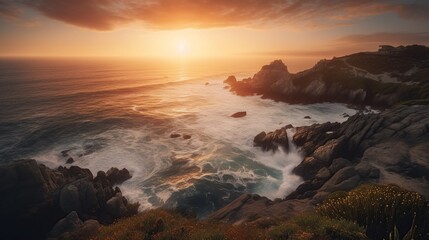 Stunning sunset over the cliffs next to the ocean, Generative AI