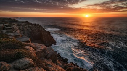 Fototapeta na wymiar Stunning sunset over the cliffs next to the ocean, Generative AI