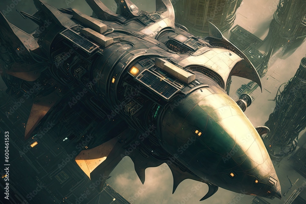Wall mural cyber punk spaceship seen from above. glorious generative ai.