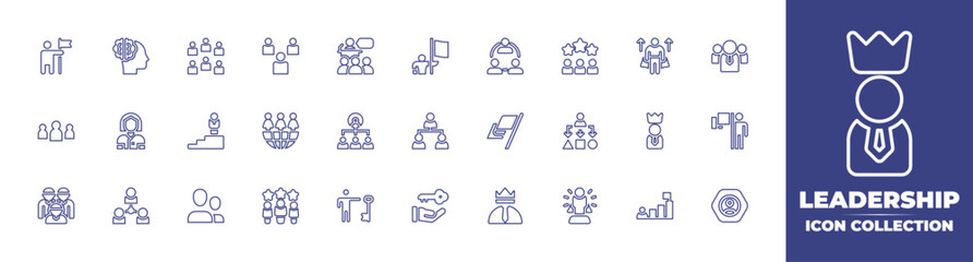 Leadership line icon collection. Editable stroke. Vector illustration. Containing leader, thought leadership, team, speech, flag, role model, chief, podium, protest, hierarchy structure, and more.
