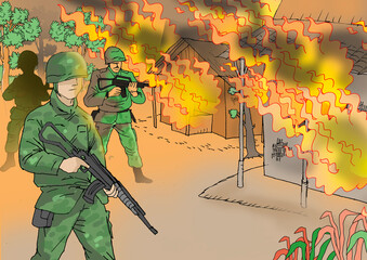 
military, war troop, military soldier, village people, war, color illustration