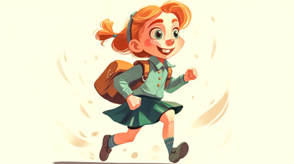Happy little girl runs to school, generative AI.