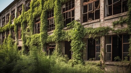 An abandoned overgrown old factory, Generative AI