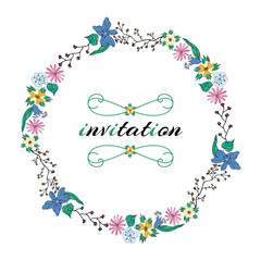 Wedding invitation with flower wreath in doodle style. Vector illustration with botanical garland.