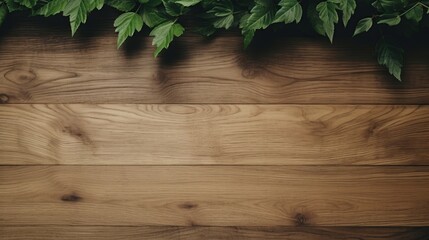 Plywood with green leaves background with copy space, Generative AI