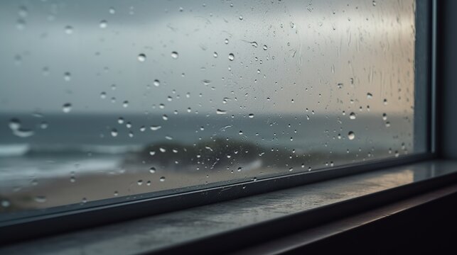 Rain drops on a window with a beach behind, Generative AI