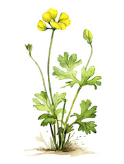 Buttercup flower on white background, summer and spring yellow blossom blooming. Generative AI.