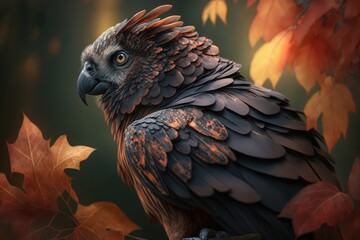 Fototapeta premium Parrot with autumn leaves in the background