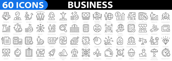 Fototapeta na wymiar Business 60 icon set. Business team, finance, teamwork, startup, management, businessman, success, strategy and more. Vector illustration.