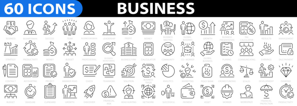 Business 60 icon set. Business team, finance, teamwork, startup, management, businessman, success, strategy and more. Vector illustration.