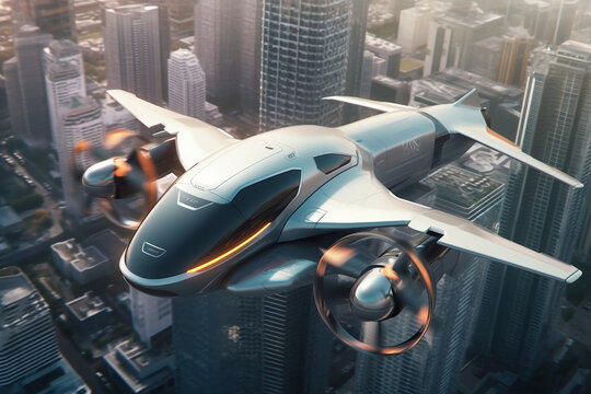 Electric passenger VTOL aircraft taxi. Autonomous flying car transport for travel. Over urban cityscape. Ai generated