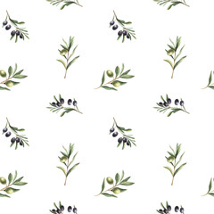 Watercolor kitchen seamless pattern of green and black olives. Hand painted illustration with olive branches and leaves isolated on white background. For design, print and fabric