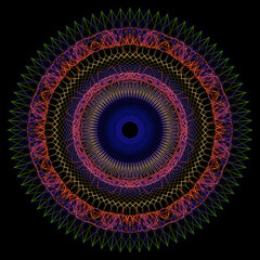 Glowing round pattern of many blending lines. Colorful traditional scythian circular ornament.