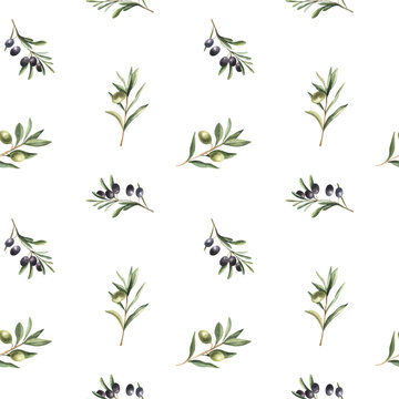 Watercolor kitchen seamless pattern of green and black olives. Hand painted illustration with olive branches and leaves isolated on white background. For design, print and fabric