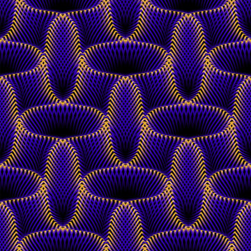 Vector repeatable pattern of unusual shapes from lines. Optical art blue yellow and black moire texture for wallpaper design.