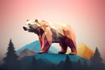Colorful low poly brown bear  illustration with background ai generated