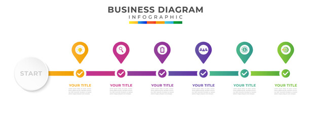6 Steps Road map modern timeline diagram with circle topic chart and business icons - obrazy, fototapety, plakaty