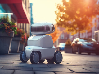 cute white delivery robot rides the streets of the city at sunny day, Modern delivery concept-robots delivery, ai generative
