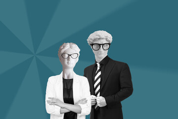 Young confident intelligent business woman and man in glasses headed by antique statue head...
