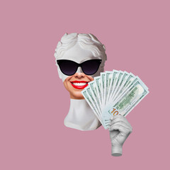 Antique female smiling statue's head in black sunglasses holds a wad of hundred-dollar cash...