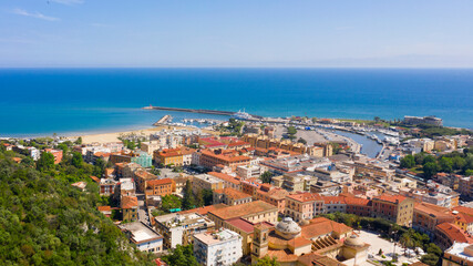Aerial view of the port of Terracina, in the province of Latina, Italy. In foreground is the town of Terracina.