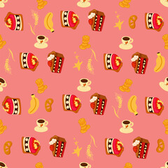 Vector seamless pattern with sweets, pastries and berries. Cakes and biscuits on coasters, cookies with crumbs, croissants, chocolate muffins hand drawn seamless background