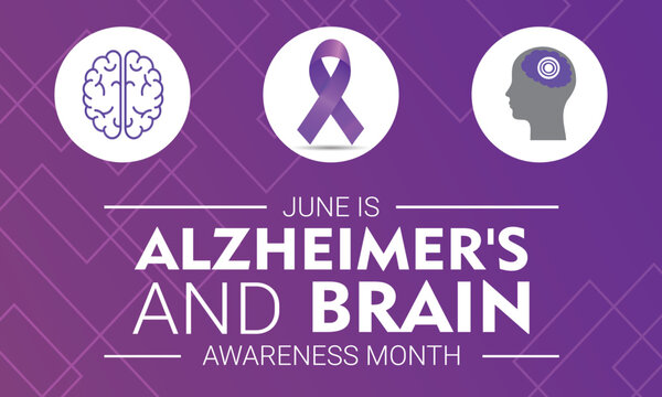Alzheimer's and Brain Awareness Month design. It features a purple ribbon and a brain icon. Vector illustration
