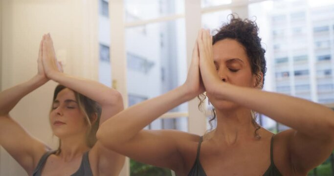 Portrait of Two Calm Fit Young Women Doing Stretching and Core Strengthening Yoga During Morning Workout at Home in Sunny Apartment. Professional Yoga Coach Training a Client, Doing Back Exercises