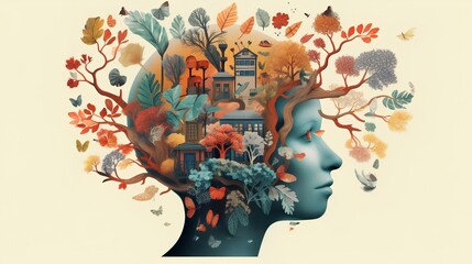 Mental health and well-being concept illustration, featuring a stylized head surrounded by plants and flowers, symbolizing growth and nurture. Generative AI