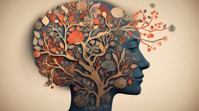 Mental health and well-being concept illustration, featuring a stylized head surrounded by plants and flowers, symbolizing growth and nurture. Generative AI