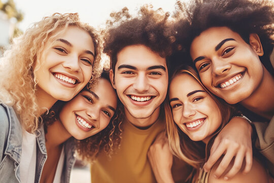 Happy Group Of Friends Hugging Together And Smiling At Camera