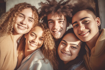Fototapeta premium Happy group of friends hugging together and smiling at camera
