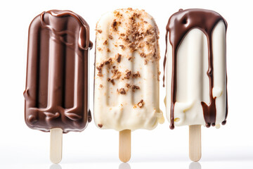 Obraz premium Different ice cream on stick in glaze isolated on white background. Generative Ai.