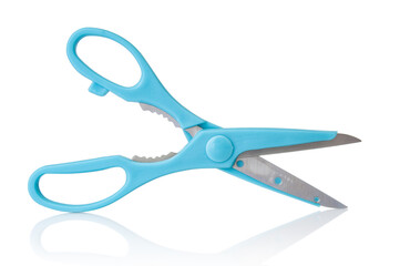 Blue scissors close up isolated on a white background