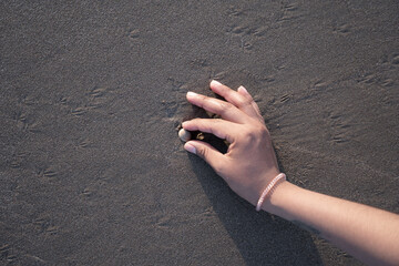 Close up of a young Hispanic woman hand collecting a seashell at the beach during sunset