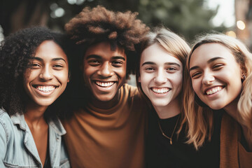 Fototapeta premium Happy group of friends hugging together and smiling at camera