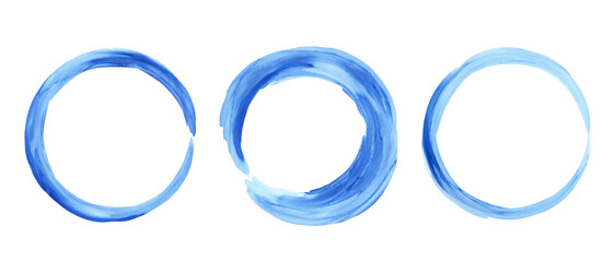 Blue ink, watercolor texture circle. Hand painted round, ring. 