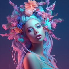 Beautiful girl with perfect pale skin with flowers origami ornament in her hair on pastel blue and violet background. Natural beauty face care. Neon colored. Generative AI.
