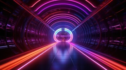 Speed light tunnel through the city. Neon and light glowing on dark scene. Generative AI.